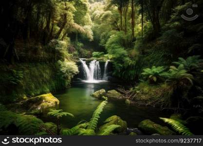 forest oasis with waterfall and clear stream, surrounded by greenery, created with generative ai. forest oasis with waterfall and clear stream, surrounded by greenery