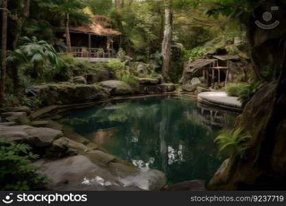 forest oasis with waterfall and natural pool, surrounded by lush greenery, created with generative ai. forest oasis with waterfall and natural pool, surrounded by lush greenery