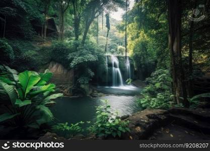 forest oasis with waterfall, surrounded by greenery, created with generative ai. forest oasis with waterfall, surrounded by greenery