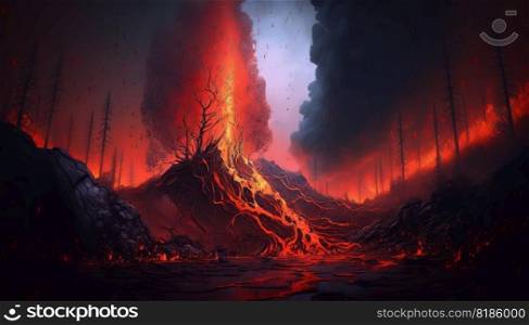 Forest on fire by magma from volcano eruption. Smoke rises in night sky. Generative AI.. Forest on fire by magma from volcano eruption. Smoke rises in night sky. Generative AI