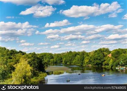 Forest on the lake with blue sky and clouds