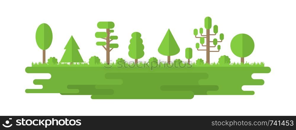 Forest, Park, Alley with Different Trees. Summer Forest Panorama. Ecology Concept. Vector illustration isolated on white background. Forest, Park, Alley with Different Trees. Summer Forest Panorama. Ecology Concept. Vector illustration isolated on white background.