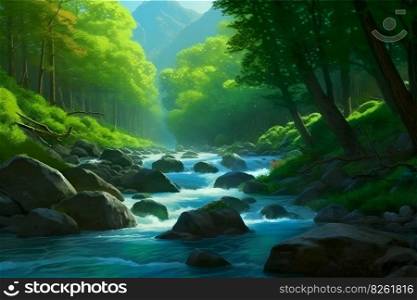 Forest river landscape in cartoon style. Neural network AI generated art. Forest river landscape in cartoon style. Neural network AI generated