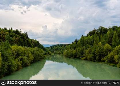 Forest river reflection landscape. Autumn forest river water panorama. Forest river reflection in autumn