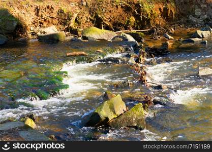 Forest River waterfall view. Wild rapids. Forest wild river water stream.
