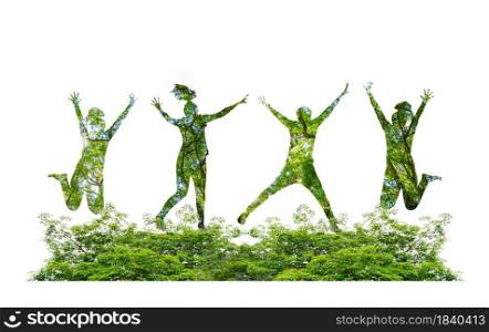 forest silhouettes of people jumping with joy forest and environment conservation concept