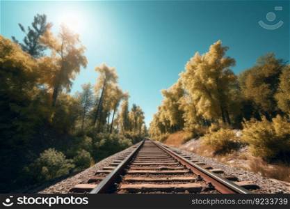 Forest trees railroad. Rail forest sky. Generate Ai. Forest trees railroad. Generate Ai
