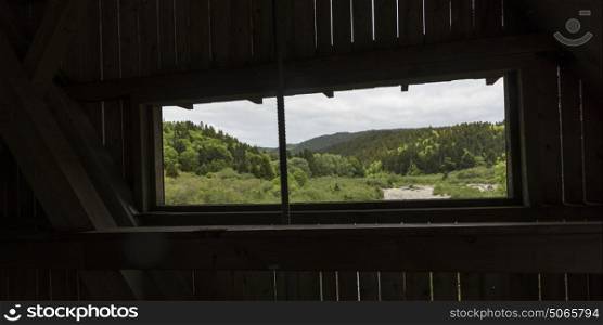 Forest viewed through window of covered bridge in Fundy National Park, Alma, New Brunswick, Canada