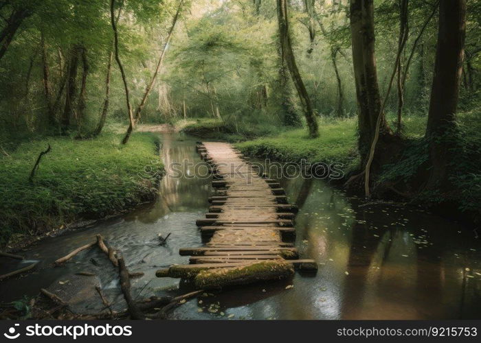 forest with duckboards path and clear stream flowing through, created with generative ai. forest with duckboards path and clear stream flowing through