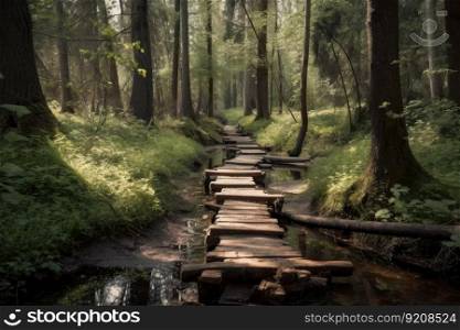 forest with duckboards path and stream running through it, created with generative ai. forest with duckboards path and stream running through it