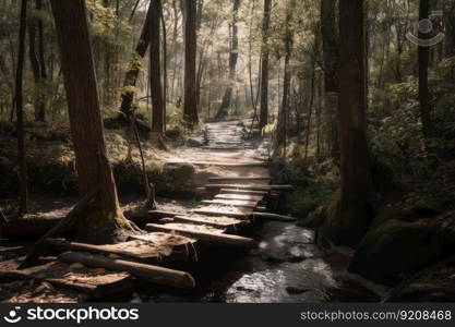 forest with duckboards path and waterfall in the background, created with generative ai. forest with duckboards path and waterfall in the background