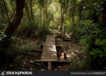 forest with duckboards path, leading visitors to hidden treasure, created with generative ai. forest with duckboards path, leading visitors to hidden treasure