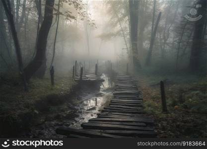 forest with duckboards path surrounded by mist, created with generative ai. forest with duckboards path surrounded by mist