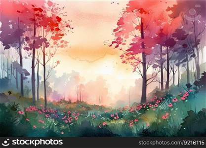 forest with vibrant blooming flowers and watercolor sky, created with generative ai. forest with vibrant blooming flowers and watercolor sky