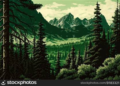 forest, with view of emerald green meadow and distant mountains in the background, created with generative ai. forest, with view of emerald green meadow and distant mountains in the background