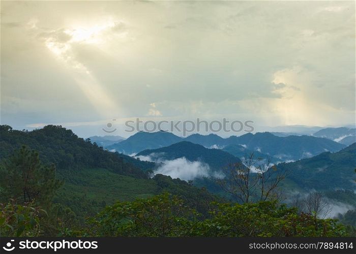 Forests are abundant. Mountains complex. During the evening sky near the dark.