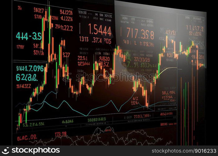 Forex chart with statistic data and market"es on digital screen. Created with Generative AI 