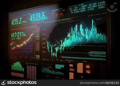 Forex chart with statistic data and market quotes on digital screen. Created with Generative AI 