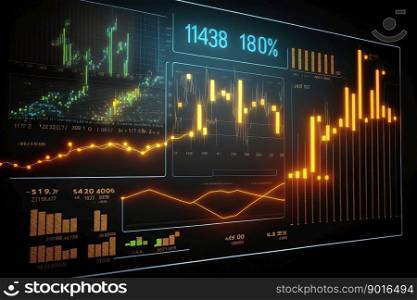 Forex chart with statistic data and market quotes on digital screen. Created with Generative AI 