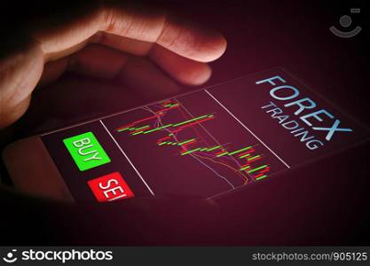 Forex concept, hand woman using smartphone with virtual screen.