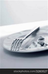 Fork and crumbs left on plate.