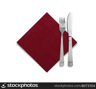 Fork and knife in a blue cloth isolated on white background