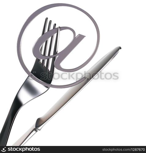 fork and knife with an at symbol isolated over a white background. food online order