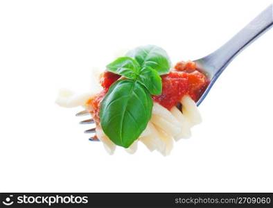 Fork full of pasta and tomato sauce with a fresh basil garnish. Shot on white background.