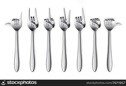 Fork hand finger gesture set isolated on white background. 3d illustration. Fork