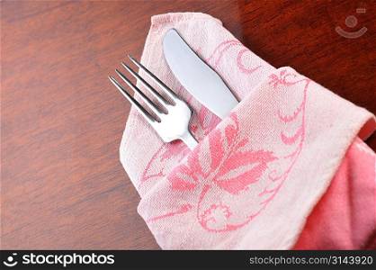 fork, knife and napkin close up
