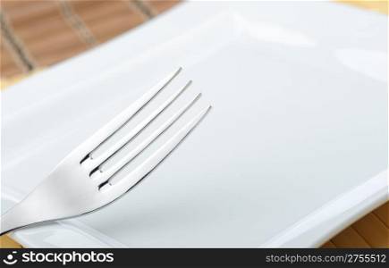 Fork laying on a plate. A photo close up
