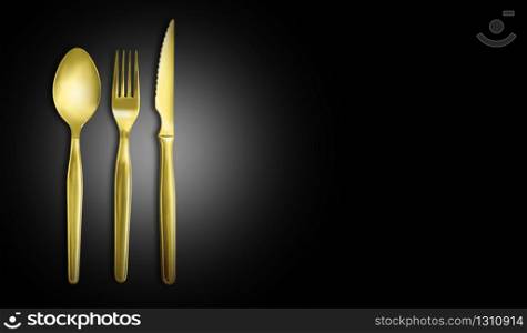 Fork, spoon and knife isolated on black background with clipping path