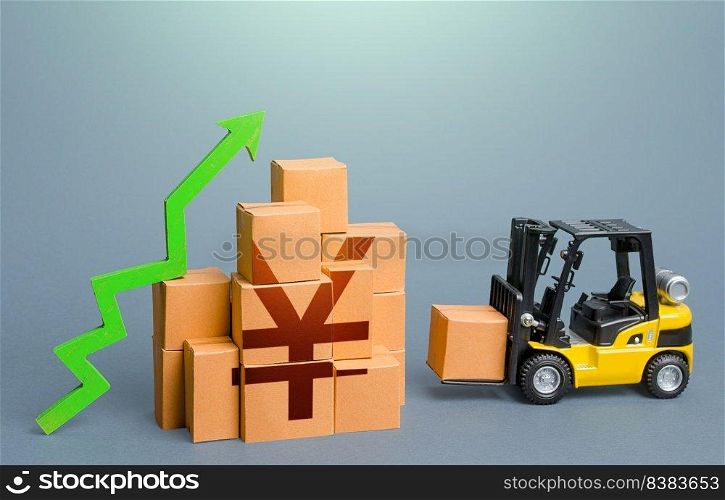 Forklift and stack of boxes with yen or yuan symbol and green up arrow. Sales growth concept. Increase imports and exports, post-pandemic economic recovery. Trade traffic. Production, freight of goods