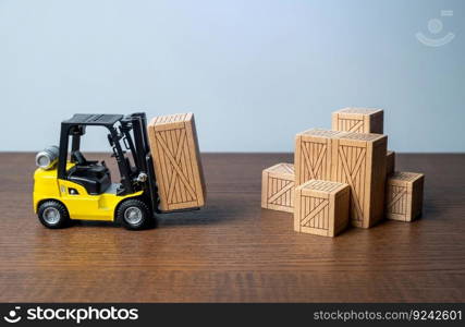 Forklift and wooden crates. Logistic infrastructure and warehousing services. Transportation industry. Trade Shipping logistics. Supply by products and goods. Hub for the storage and movement of goods