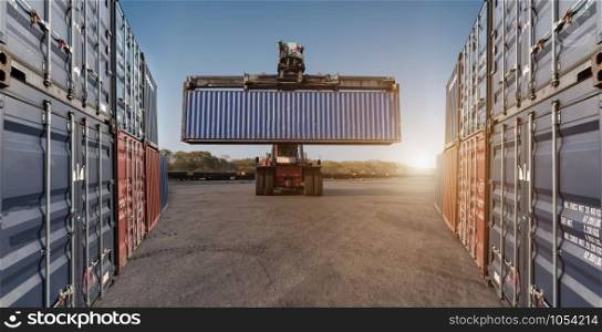 forklift holding handling container box loading for stack at logistic zone