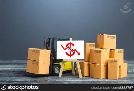 Forklift near boxes and easel with red dollar arrow down. Decline trade and production rates, decreased sales. Bad marketing, price reduction. Low import export. Economic reduced, industry degradation