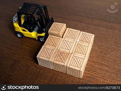 Forklift stacks wooden crates for shipment. Production and freight of goods. Transport department. Warehousing and logistics, encompassing activities such as inventory management, order fulfillment