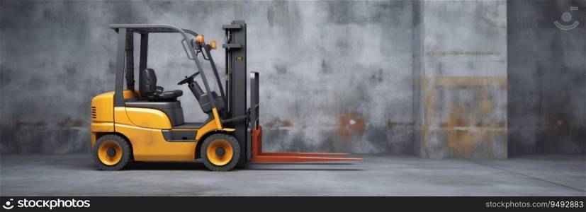 Forklift standing on industrial dirty concrete wall background