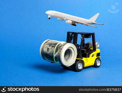 Forklift truck carries a bundle of dollars and airplane. Export of capital, offshore economic zones. Attracting direct investment in business and production, improving performance. capitalism