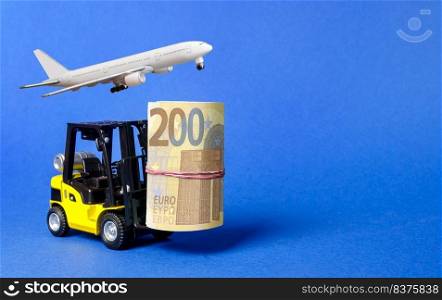 Forklift truck carries a bundle of Euro and airplane. Attracting direct investment in business and production, improving economics performance. capitalism. Export of capital, offshore economic zones.
