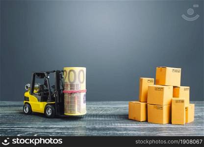 Forklift truck carries a euro bundle roll near stack of boxes. Profit from trade, exchange of goods. Investments financing in production, taxes, income revenues costs. High productivity superprofits