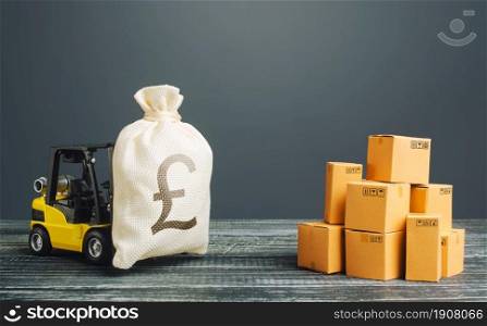 Forklift truck carries a pound sterling GBP money bag. Profit from trade and exchange of goods. Investments financing in production, taxes, income revenues and costs. High productivity superprofits