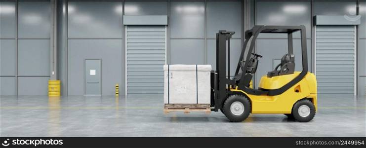 Forklift truck in warehouse moving and loading cardboard pallet box with copy space background. Industrial machine and business transportation concept. 3D illustration rendering