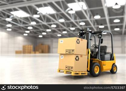 Forklift truck in warehouse or storage loading cardboard boxes. 3d