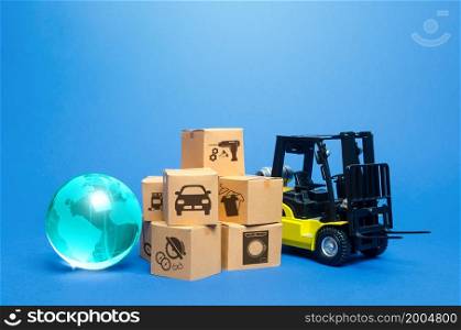 Forklift truck near cardboard boxes and blue globe. Transportation logistics infrastructure, import export of goods. Freight shipping. Globalization of production, sales of products on world markets.