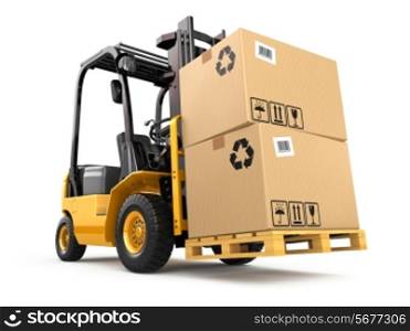 Forklift truck with boxes on pallet. Cargo. 3d