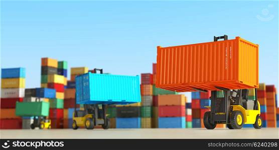 Forklift trucks with cargo containers in storage area. Delivery or shipping background concept. 3d illustration