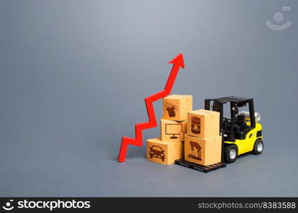 Forklift with boxes and red arrow up. Growth of performance production of goods. Import export, economic recovery trading. High demand, price. Overproduction. Economic development, business support.