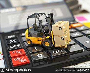 Forklift with cardboxes on calculator. Calculation of shipping delivery costs concept. 3d illustration