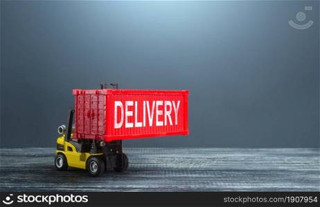 Forklift with container Delivery. World trade. Deliver logistic chains, supply of components and raw materials. Delivery of goods. Sea or air transportation. Lack of shipping containers.